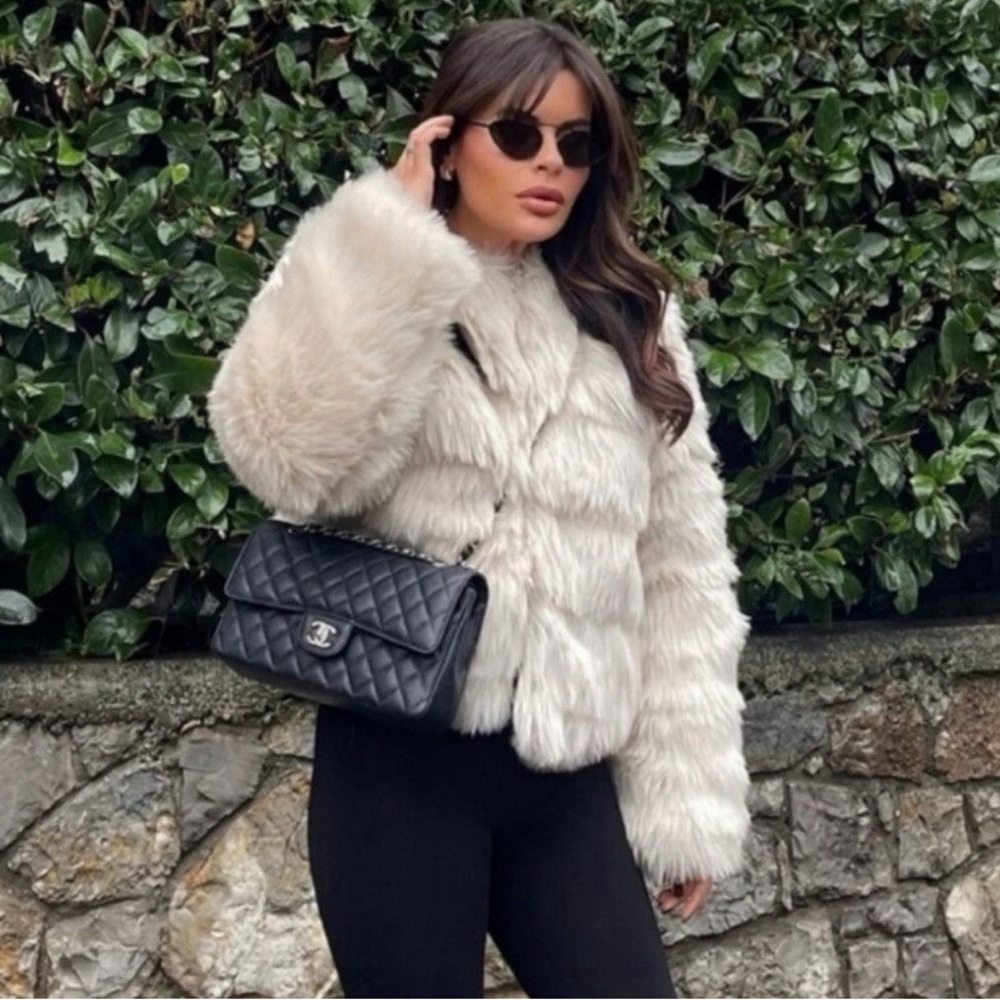 Zara Plush Faux Fur Jacket‎ in Beige